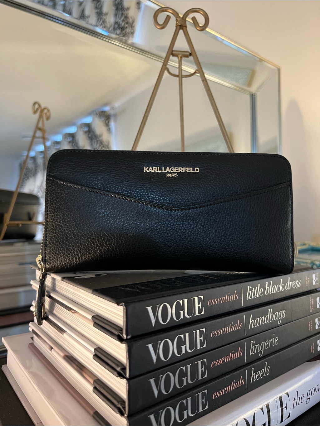 Karl Lagerfeld Black Pebbled Zip-Around Wallet With Gold Logo